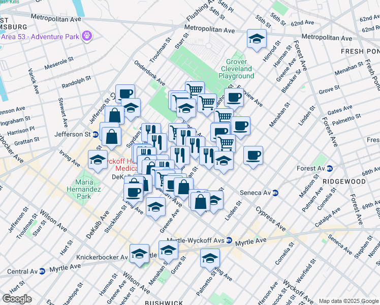 map of restaurants, bars, coffee shops, grocery stores, and more near 17-03 Himrod Street in Queens