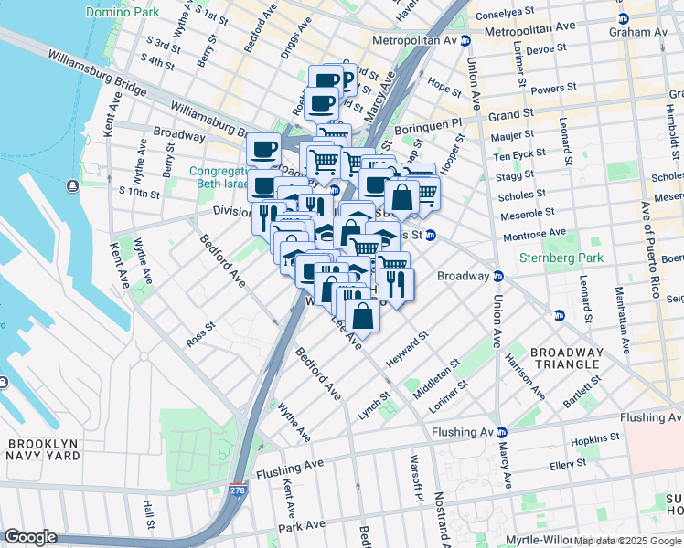 map of restaurants, bars, coffee shops, grocery stores, and more near 214 Keap Street in Brooklyn