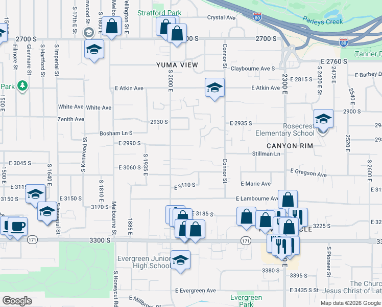 map of restaurants, bars, coffee shops, grocery stores, and more near 2057 East 3035 South in Salt Lake City