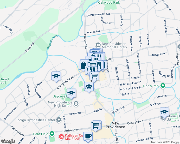 map of restaurants, bars, coffee shops, grocery stores, and more near 14 South Street in New Providence
