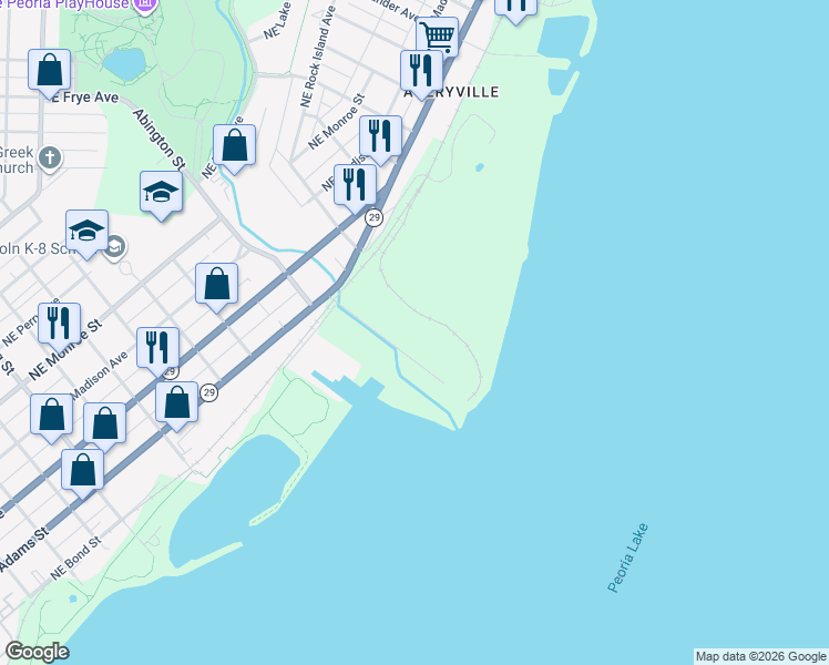 map of restaurants, bars, coffee shops, grocery stores, and more near 2300 Northeast Adams Street in Peoria