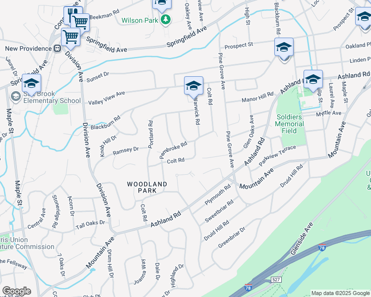 map of restaurants, bars, coffee shops, grocery stores, and more near 6 Pembroke Road in Summit