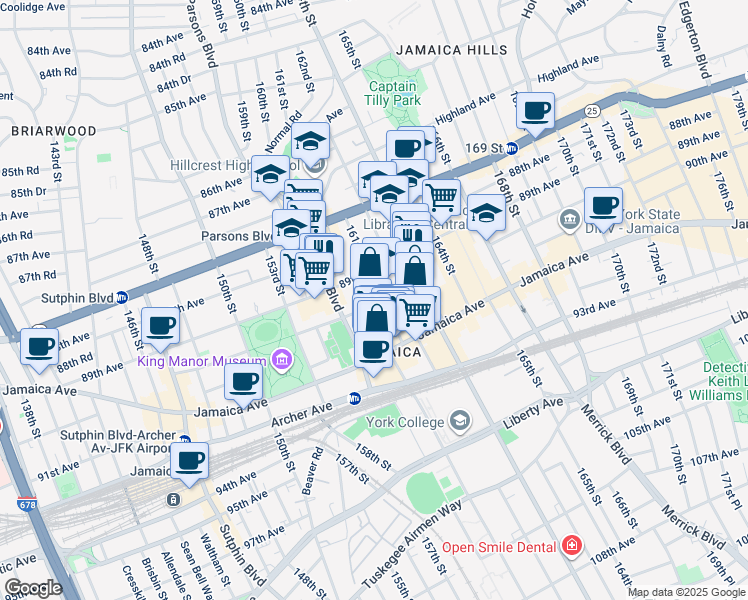 map of restaurants, bars, coffee shops, grocery stores, and more near 89-30 161st Street in Queens