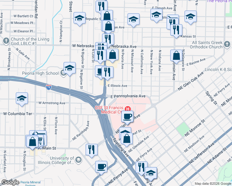 map of restaurants, bars, coffee shops, grocery stores, and more near 1505 North Peoria Avenue in Peoria