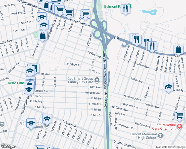 map of restaurants, bars, coffee shops, grocery stores, and more near 227-15 112th Avenue in Queens