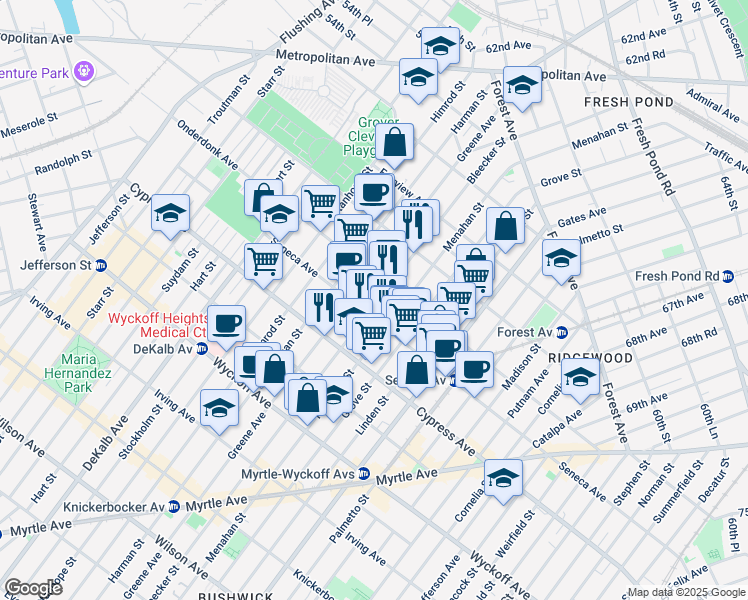 map of restaurants, bars, coffee shops, grocery stores, and more near 18-19 Bleecker Street in Queens