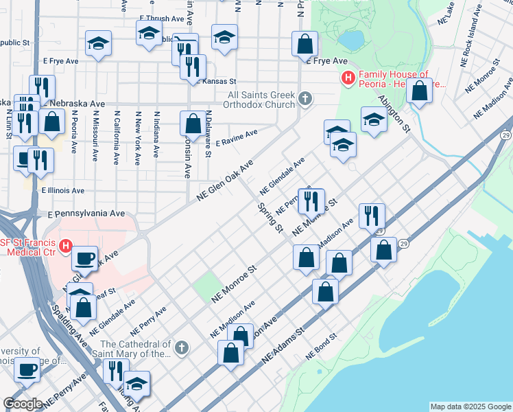 map of restaurants, bars, coffee shops, grocery stores, and more near 721 Spring Street in Peoria