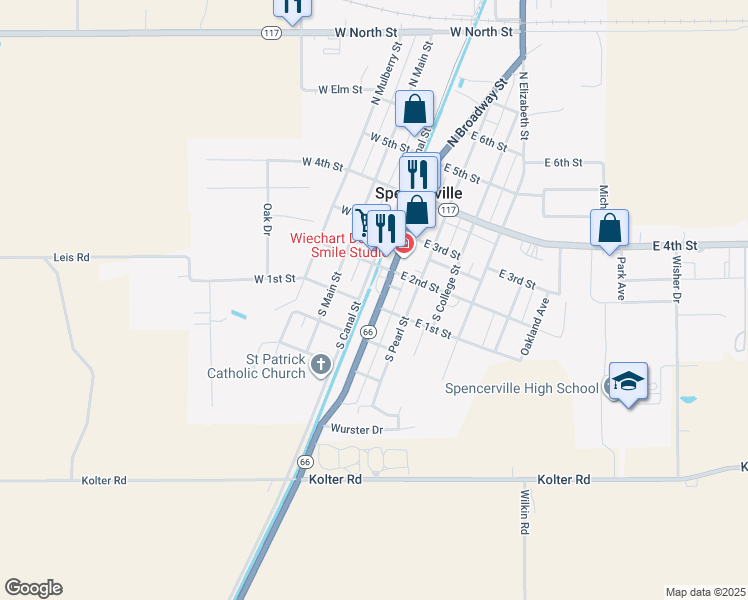 map of restaurants, bars, coffee shops, grocery stores, and more near 230 South Broadway Street in Spencerville