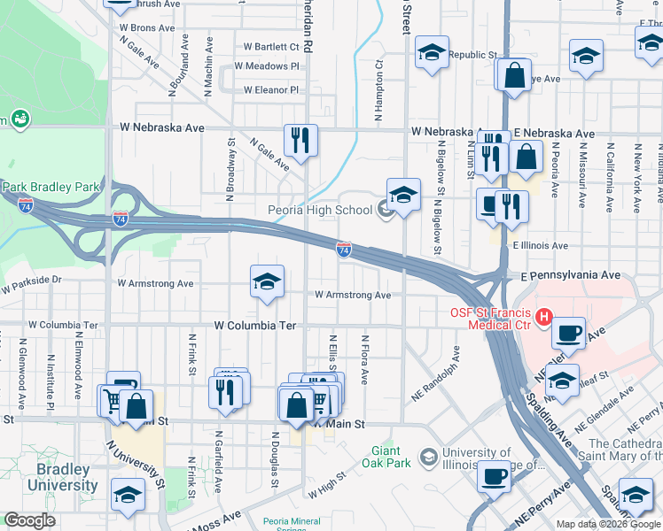 map of restaurants, bars, coffee shops, grocery stores, and more near 1421 North Ellis Street in Peoria