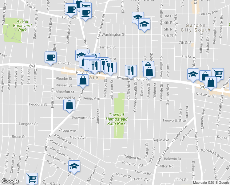 map of restaurants, bars, coffee shops, grocery stores, and more near 858 Gabriel Avenue in Franklin Square