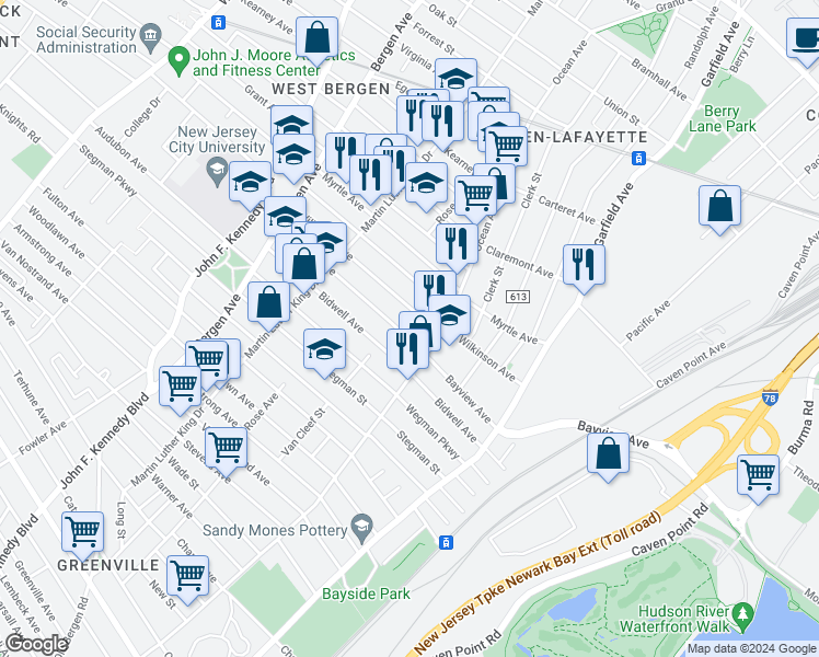 map of restaurants, bars, coffee shops, grocery stores, and more near 108 Bayview Avenue in Jersey City