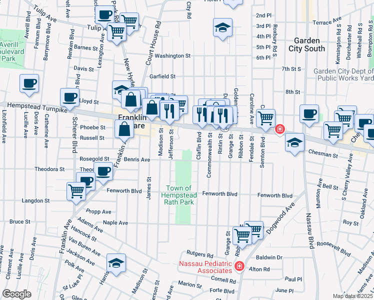 map of restaurants, bars, coffee shops, grocery stores, and more near in Franklin Square