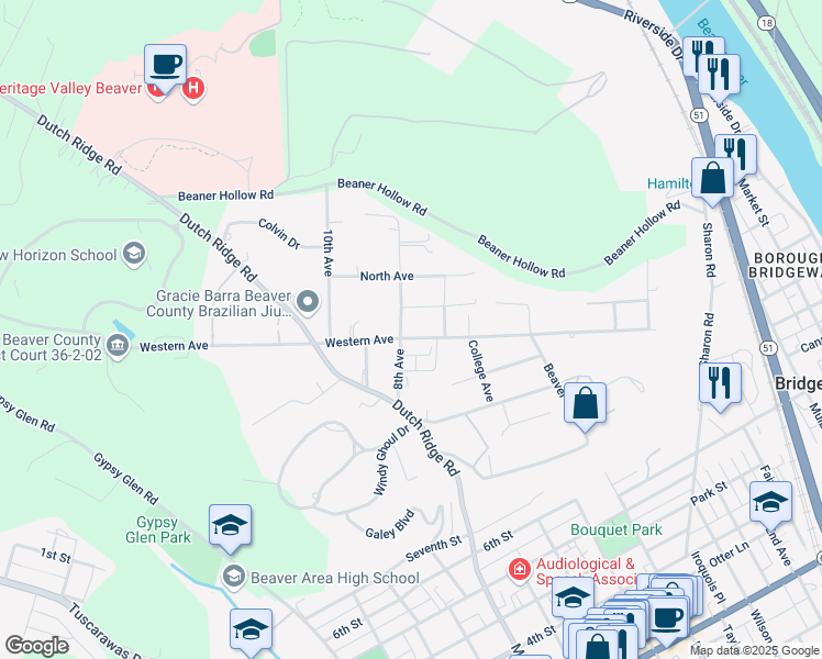 map of restaurants, bars, coffee shops, grocery stores, and more near 714 Western Avenue in Beaver
