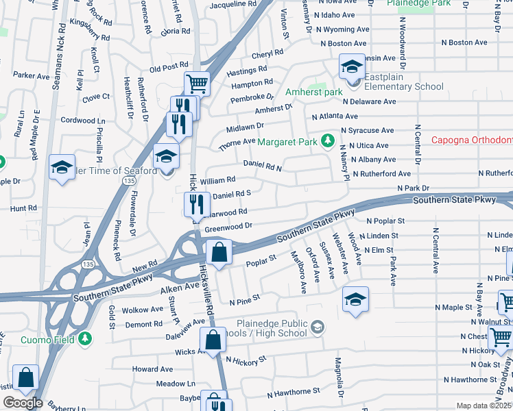 map of restaurants, bars, coffee shops, grocery stores, and more near 413 Briarwood Road in Massapequa