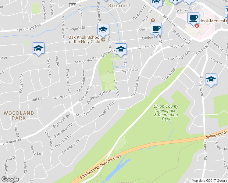 map of restaurants, bars, coffee shops, grocery stores, and more near 2 Parkview Terrace in Summit