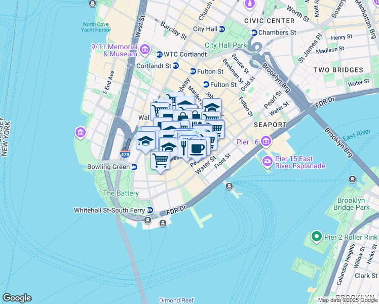map of restaurants, bars, coffee shops, grocery stores, and more near 20 Exchange Place in New York