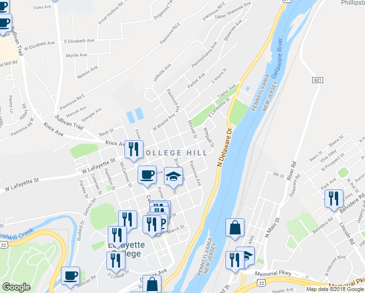 map of restaurants, bars, coffee shops, grocery stores, and more near 700 Paxinosa Avenue in Easton