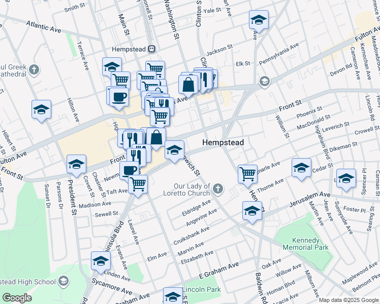 map of restaurants, bars, coffee shops, grocery stores, and more near Peninsula Boulevard in Hempstead