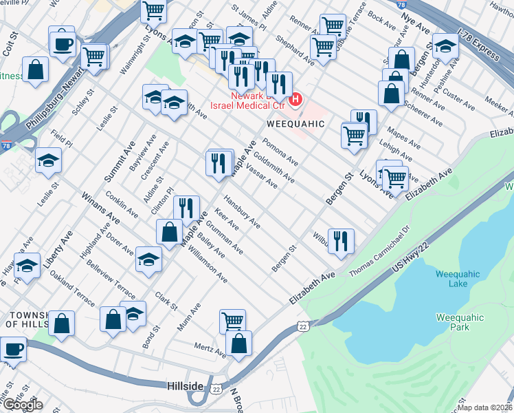 map of restaurants, bars, coffee shops, grocery stores, and more near 148 Chancellor Avenue in Newark