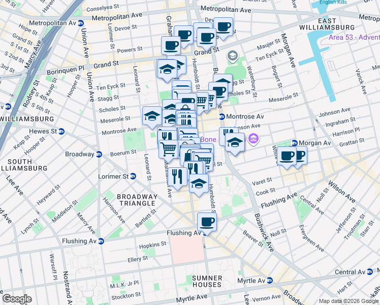 map of restaurants, bars, coffee shops, grocery stores, and more near 120 Graham Avenue in Brooklyn