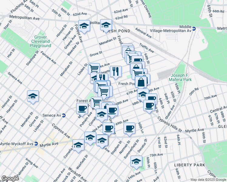 map of restaurants, bars, coffee shops, grocery stores, and more near 60-6 Putnam Avenue in Queens
