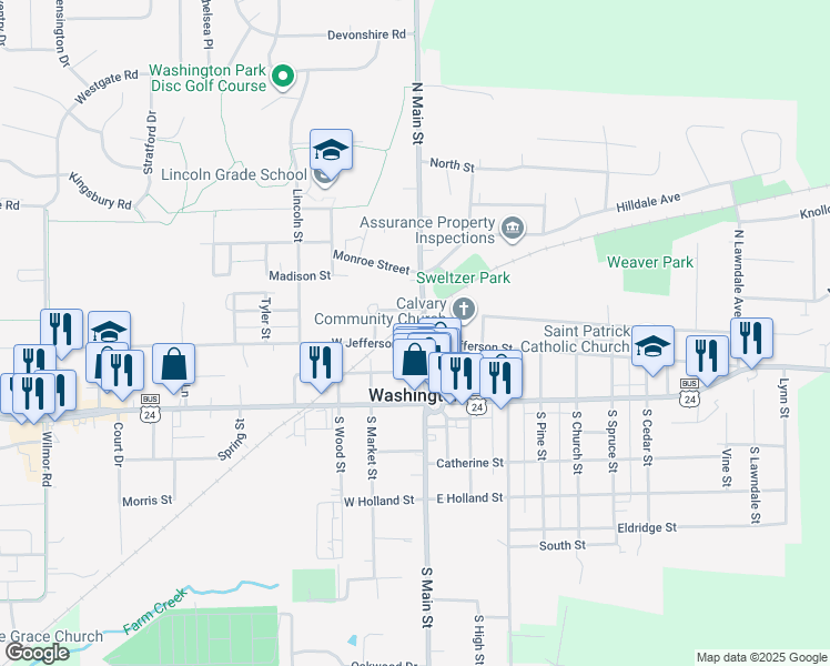 map of restaurants, bars, coffee shops, grocery stores, and more near 202 North Main Street in Washington