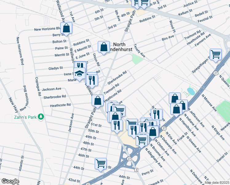 map of restaurants, bars, coffee shops, grocery stores, and more near 249 Heathcote Road in Lindenhurst