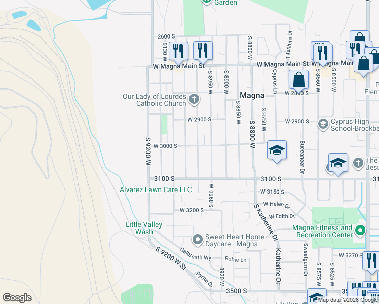 map of restaurants, bars, coffee shops, grocery stores, and more near 3019 South 9050 West in Magna