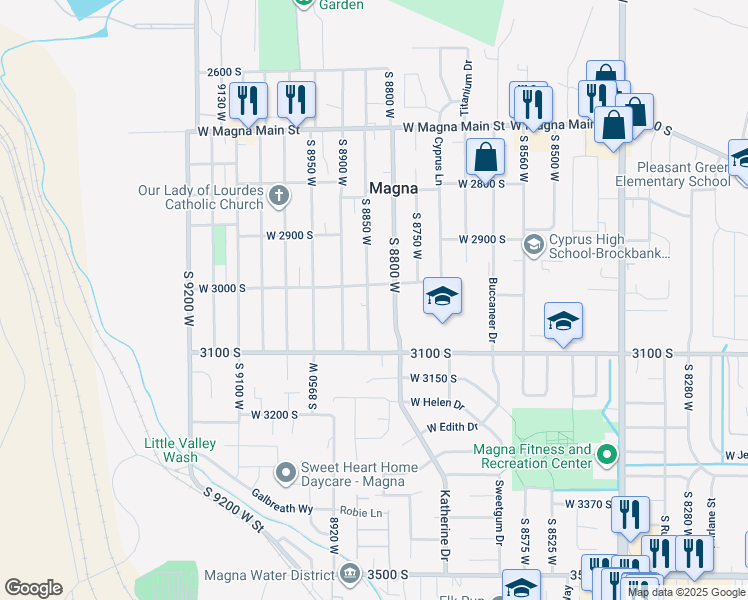 map of restaurants, bars, coffee shops, grocery stores, and more near 3019 South 8850 West in Magna