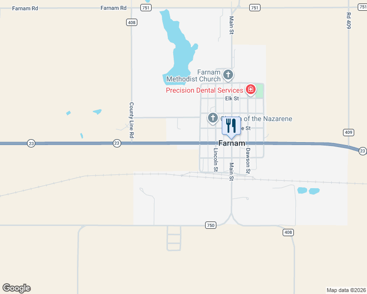 map of restaurants, bars, coffee shops, grocery stores, and more near 602 Moose Street in Farnam
