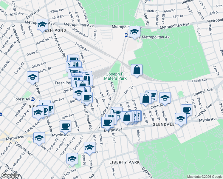 map of restaurants, bars, coffee shops, grocery stores, and more near 68-30 65th Place in Queens