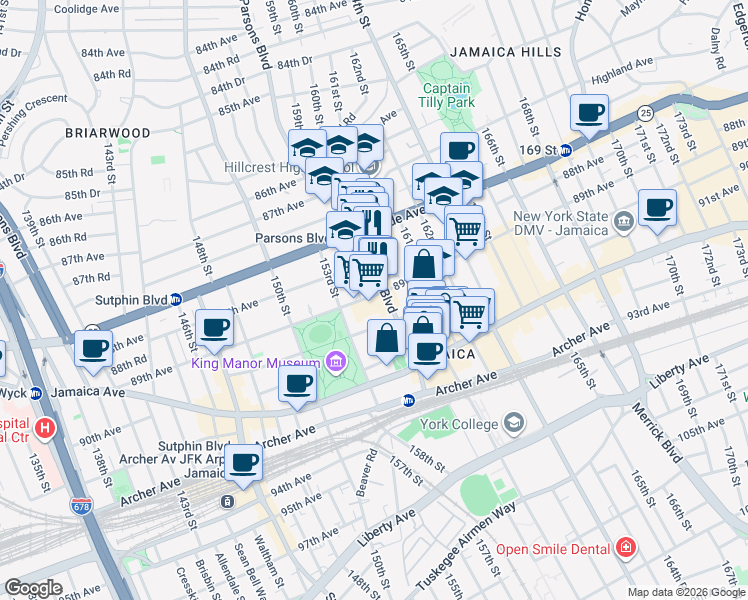 map of restaurants, bars, coffee shops, grocery stores, and more near 89-14 Parsons Boulevard in Queens