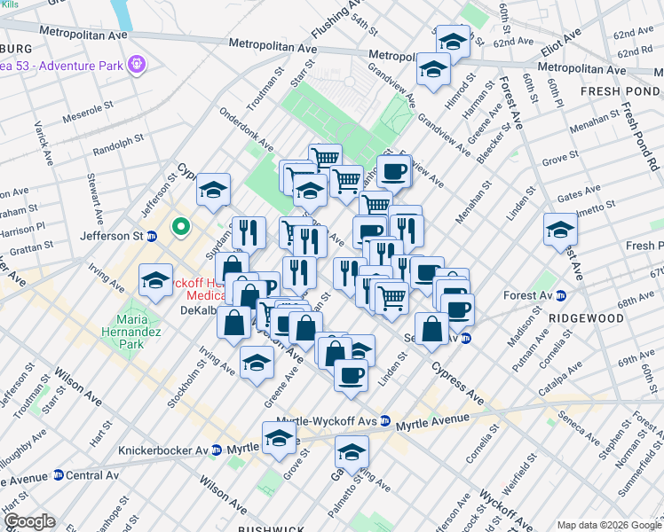 map of restaurants, bars, coffee shops, grocery stores, and more near 17-16 Himrod Street in Queens