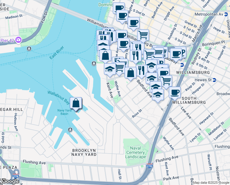 map of restaurants, bars, coffee shops, grocery stores, and more near 550 Kent Avenue in Brooklyn