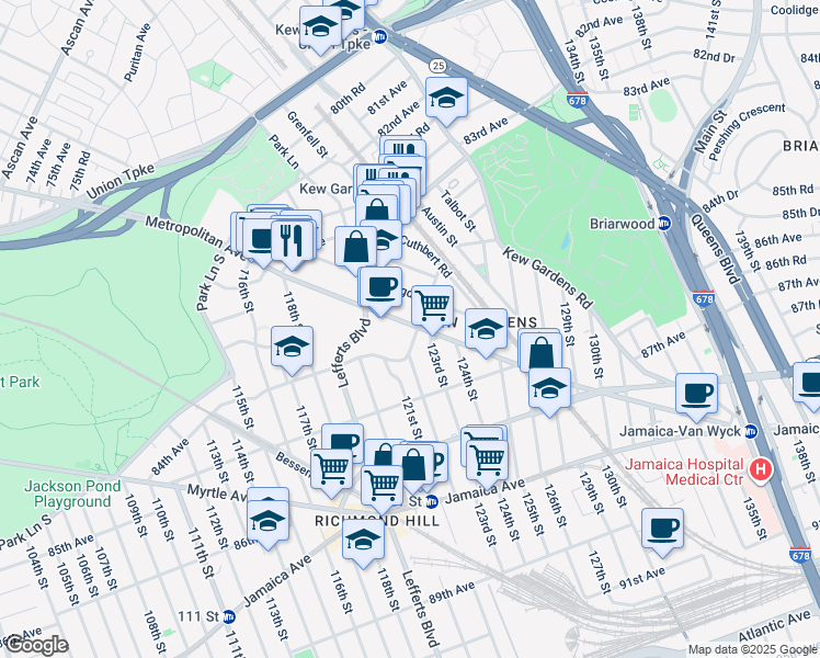 map of restaurants, bars, coffee shops, grocery stores, and more near 11956 Metropolitan Avenue in Queens