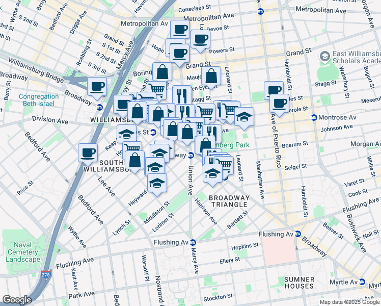 map of restaurants, bars, coffee shops, grocery stores, and more near Broadway & Union Ave in Brooklyn