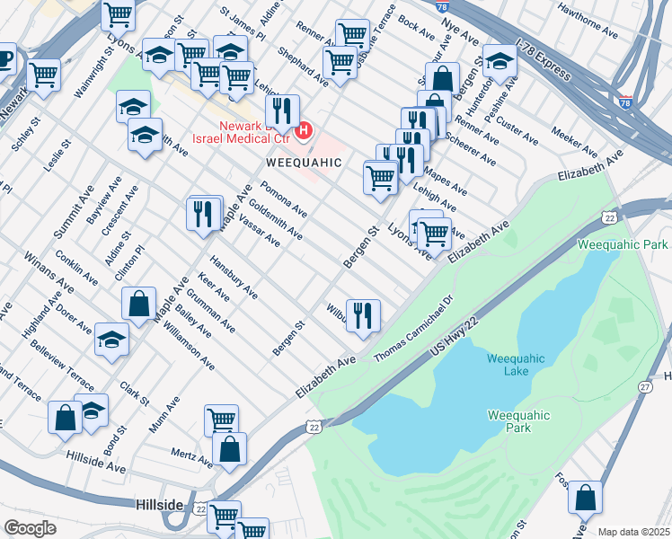map of restaurants, bars, coffee shops, grocery stores, and more near 1135 Bergen Street in Newark