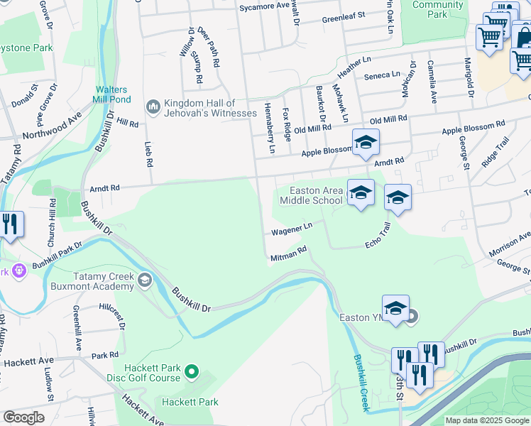 map of restaurants, bars, coffee shops, grocery stores, and more near 1013 Mitman Road in Easton
