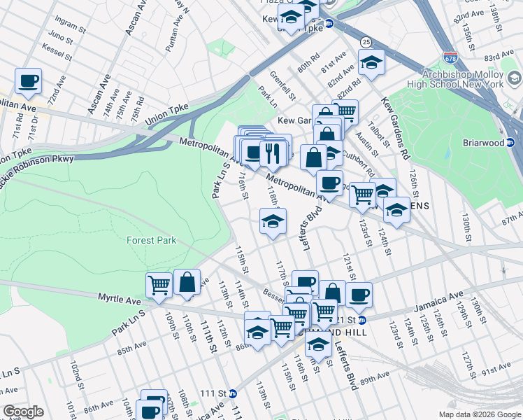 map of restaurants, bars, coffee shops, grocery stores, and more near 83-35 116th Street in Queens