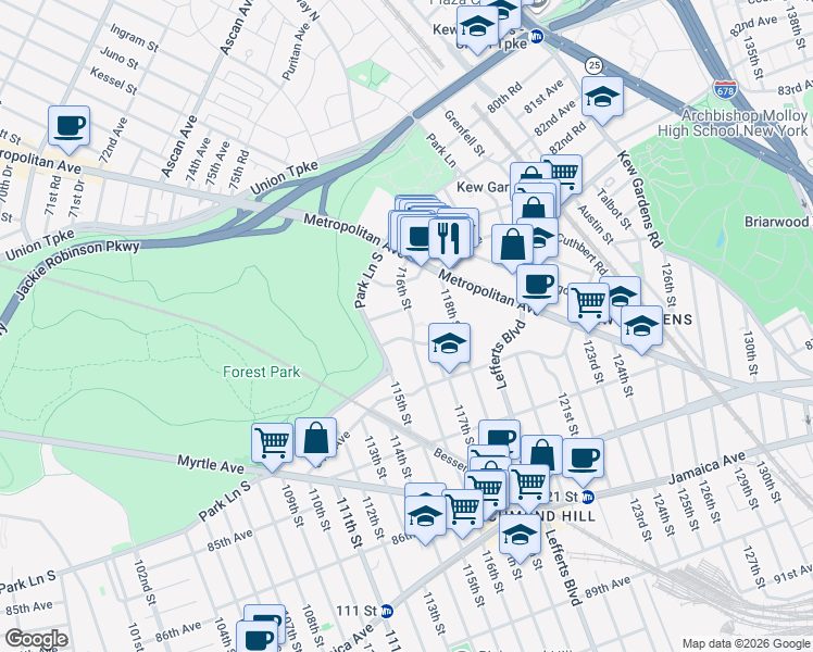 map of restaurants, bars, coffee shops, grocery stores, and more near 8331 116th Street in Queens