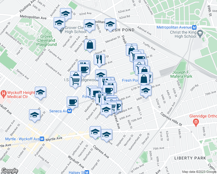 map of restaurants, bars, coffee shops, grocery stores, and more near 66-73 Forest Avenue in Queens
