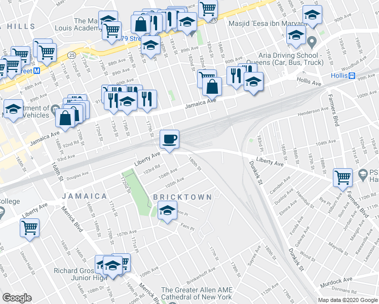 map of restaurants, bars, coffee shops, grocery stores, and more near in Queens