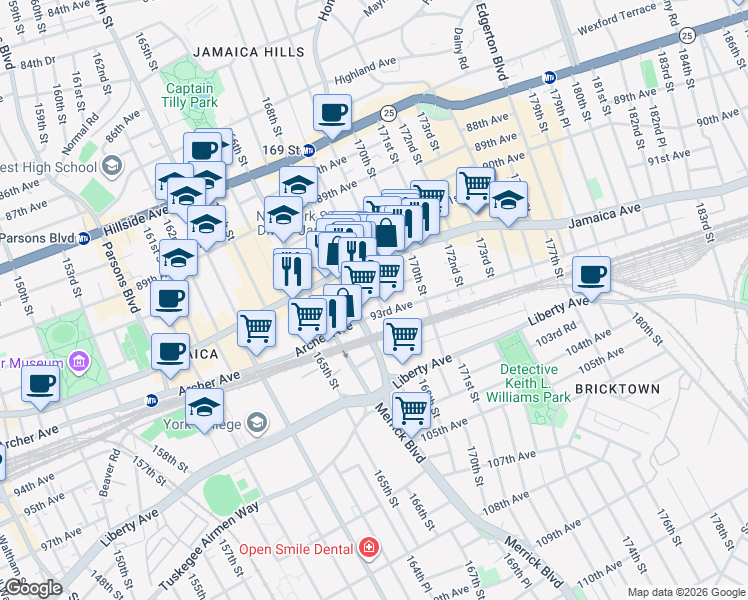 map of restaurants, bars, coffee shops, grocery stores, and more near 92-38 168th Place in Queens