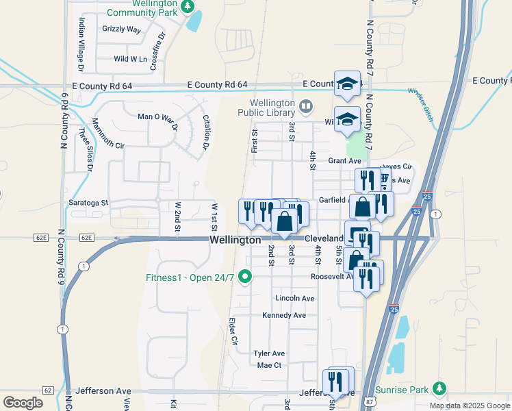 map of restaurants, bars, coffee shops, grocery stores, and more near 3711 Garfield Avenue in Wellington