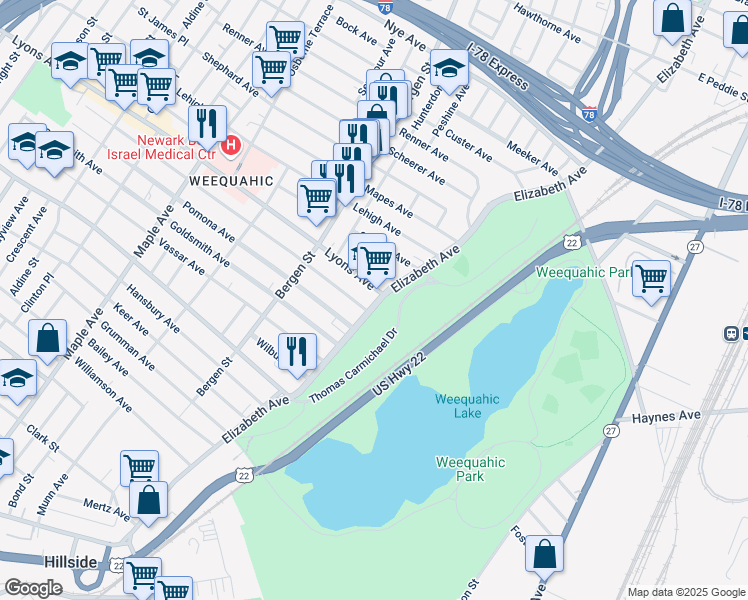 map of restaurants, bars, coffee shops, grocery stores, and more near 2 Lyons Avenue in Newark