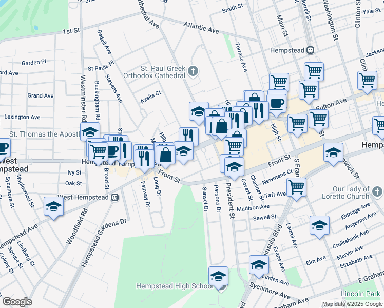 map of restaurants, bars, coffee shops, grocery stores, and more near 50 Fulton Avenue in Hempstead