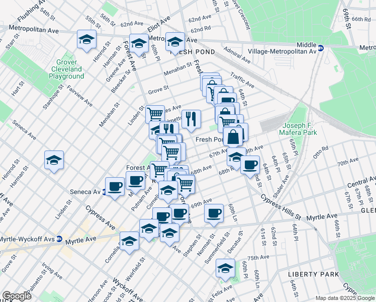 map of restaurants, bars, coffee shops, grocery stores, and more near 60-6 Putnam Avenue in Queens