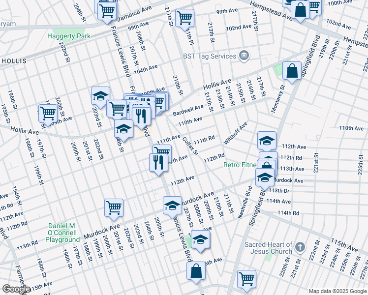 map of restaurants, bars, coffee shops, grocery stores, and more near 111-26 209th Street in Queens