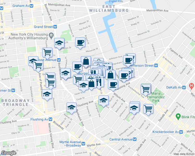map of restaurants, bars, coffee shops, grocery stores, and more near 55 Bogart Street in Brooklyn