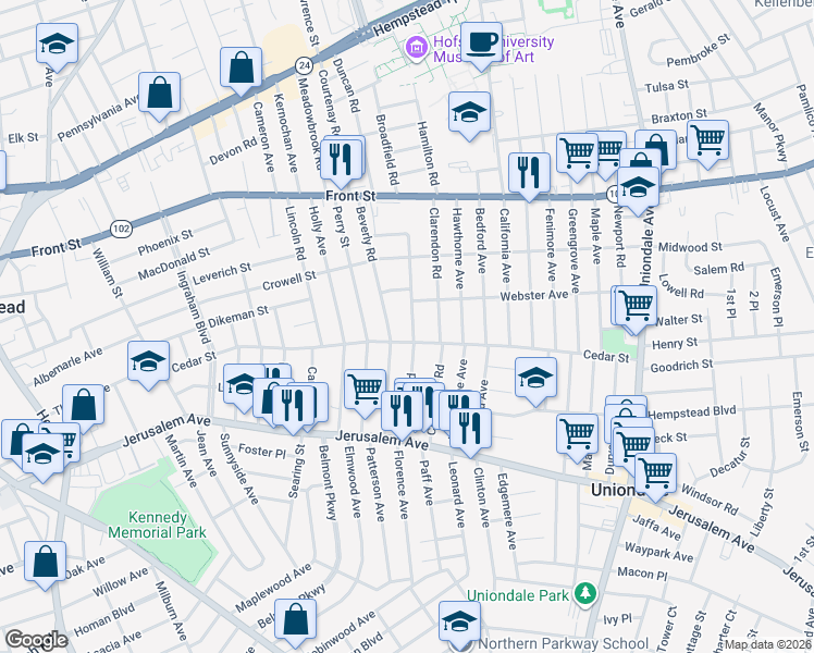 map of restaurants, bars, coffee shops, grocery stores, and more near 113 Rutland Road in Hempstead